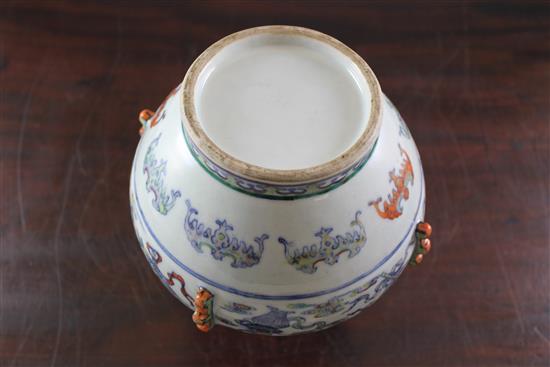 A Chinese doucai vase, 18th century, 23.5cm, handles ground off, repairs